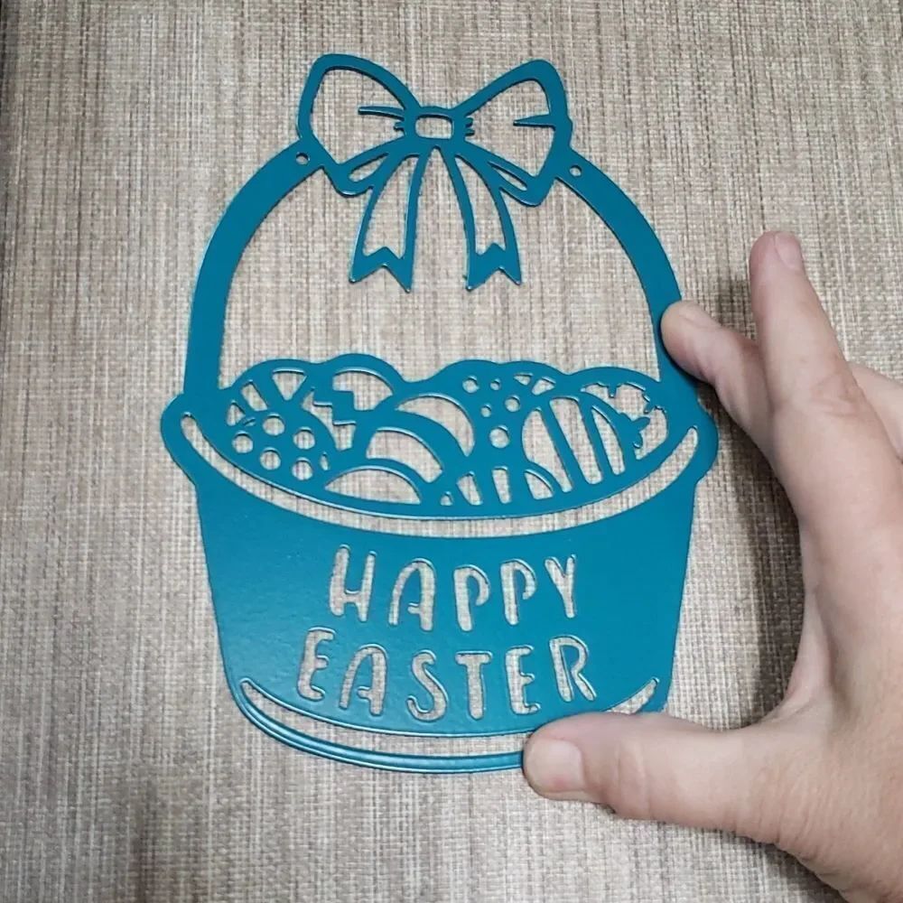 Brand New "HAPPY EASTER" Powdered Coated Steel Easter Basket Wall Decor - Teal